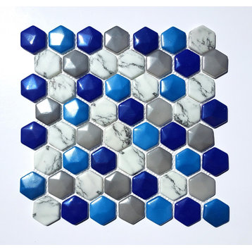 Glass Mosaic Tile Sheet Azuro Hexagon 1.5" Blue, Gray, And Marble