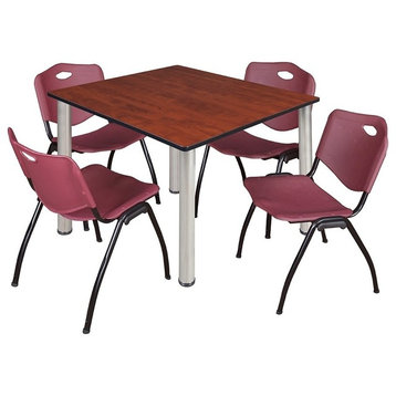Kee 48" Square Breakroom Table, Cherry, Chrome and 4 'M' Stack Chairs, Burgundy