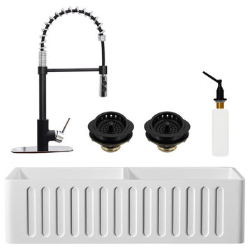 36" Double Bowl Solid Surface Reversible Sink and Faucet Kit, Black/Chrome