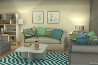 Großes, Abgetrenntes Modernes Wohnzimmer mit beiger Wandfarbe, braunem Holzboden und TV-Wand in Sonstige