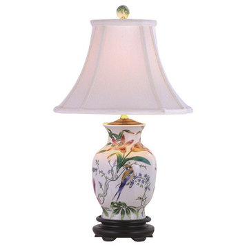 Tropical Flowers Porcelain Amphora Vase Table Lamp