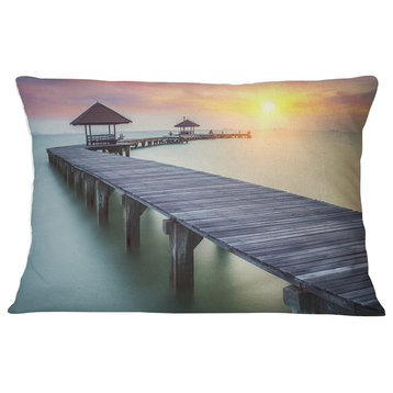 Long Wooden Bridge into the Sunrise Pier Seascape Throw Pillow, 12"x20"