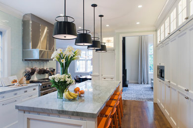 Photo of a large contemporary eat-in kitchen in Boston with a drop-in sink, white cabinets, marble benchtops, blue splashback, porcelain splashback, stainless steel appliances, dark hardwood floors and with island.