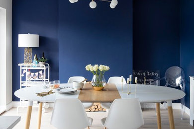 Scandinavian dining room in Other with blue walls, light hardwood floors, no fireplace and beige floor.