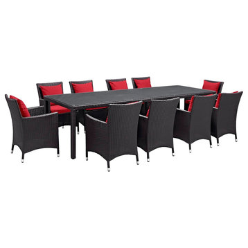 Modern Urban Outdoor Patio 11-Piece Dining Chairs and Table Set, Red, Rattan