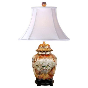 Beige and Gold Tapestry Temple Jar Porcelain Table Lamp 24" 