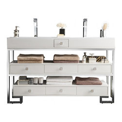 59 inch Modern Double Sink Bathroom Vanity Gloss White Finish Integrated Sink To - Bathroom Vanities And Sink Consoles