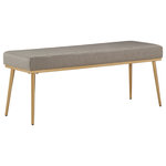 Inspire Q - Santiago Gold Finish Fabric Dining Bench - Dark Grey - Achieve your modern vision with the Gold Finish Fabric Dining Bench by Inspire Q. Plush, soft fabric and a thick foam cushion offers a comfortable place to sit and enjoy your meal. Taking cues from 70s home décor, this piece also features channel-like detailing and splayed metal legs in a gold finish. Place this bench at the dining table, in the entryway, or at the foot of the bed.