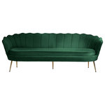 Meridian Furniture - Gardenia  Velvet Upholstered Sofa, Green - Turn heads in an instant when you add this Gardenia velvet sofa to your room. This attention-demanding sofa features a shell-shaped back with deep channel tufting for added textural appeal. The round seat cushion is deep and generously sized, so you have wiggle room to get comfortable. Soft green velvet upholstery covers the entire sofa except for its legs, which are made from chrome for durability and finished in gold for a touch of glam.