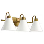 Kichler - Rosburg 23"W 3-Light Bath Vanity Light Fixture by Kichler Natural Brass with Whi - Kichler presents the New Rosburg 23"W 3-Light Vanity Light by Kichler Natural Brass with White Shade Finish. The Rosburg 3-light vanity light features a mixed finish style combining Natural Brass and White metal shade. The interior of the shades feature a White finish for maximum light output. This combination of finishes makes this piece perfect for modern farmhouse style bathrooms or powder rooms.FINISH - Natural Brass and White Metal Shade mixed finishes allow for flexibility when decorating, giving you the freedom to incorporate a couple different finishes into the room for a distinct look all your own. Shade's white interior allows for maximum light output. Removable shades allow for easy cleaning. Can be hung with shades up or down. Complete the look with coordinating white or natural brass bathroom accents and hardware.DIMENSIONS - 8.5" Height x 23" Width x 8.5" Depth. Mounting Deck Width: 7". Mounting Deck Height: 5".LIGHTING - Requires 3 medium base E26 up to 60-Watt bulb. LED bulbs recommended for energy-savings and long bulb life. (Bulb not Included).FEATURES - Dimmable light. Can be adjusted to different levels of brightness to create your desired ambiance. Compatible with standard wall dimmers.EASY INSTALLATION - Hardwired power source. All mounting hardware and detailed instructions are included for an easy installation. ETL listing demonstrates that this fixture has met or exceeded the UL/CSA Standard safety requirements. Damp rated for use in bathrooms. Weight: 6.65 lbs.