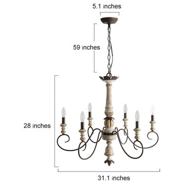 LNC 6-Light French Country Distressed white Wood Large Chandelier 28"H