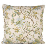 Studio Design Interiors - Garden Route Blue 90/10 Duck Insert Pillow With Cover, 22x22 - Wonderful jacobean flowers in baby blue, green, muted yellows and browns, grow across the light green biege face of this calm and delicate pillow. Finished with a grey blue linen. Inviting.