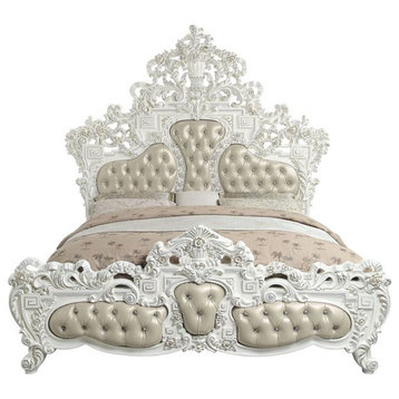 Acme Vanaheim Eastern King Bed Beige PU and Antique White Finish