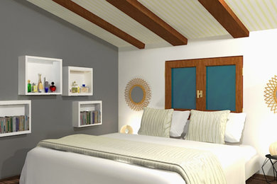 Idée de décoration pour une chambre parentale beige et blanche nordique de taille moyenne avec un mur gris et un sol en bois brun.