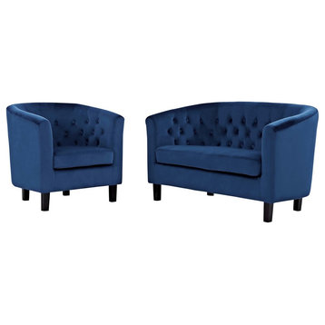 Modern Armchair and Loveseat Sofa Set, Velvet Navy Blue