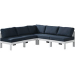 Meridian Furniture - Nizuc Water Resistant Patio L-Shaped Modular Sectional, Navy, 5-Piece: 4 Armless Chair, 1 Corner Chair, White Aluminum Frame - Pick and choose your favorites from the Nizuc collection to create a modular seating group the whole gang will enjoy. The sturdy aluminum frame provides dependable support for friends and family as they relax and unwind, and the resilient navy water resistant fabric stands up to the elements without losing its beautiful demeanor, so you can count on it lasting for the long haul. Latches beneath these seating pieces help you easily attach them to one another for convenient setup.