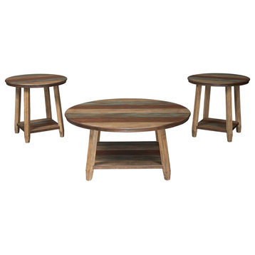 3 Pieces Coffee Table Set, Bottom Shelf & Round Plank Top, Multicolor