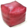 Solid Handmade Leather Pouf (Recycled Foam with Fibre Fill), Dark Pink, {Square}16x16x16