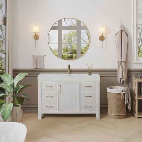 Leon Bath Vanity With Composite Stone Top, Washed White, 48", No Mirror