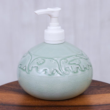 Novica Handmade Elephant Bath Celadon Ceramic Soap Dispenser