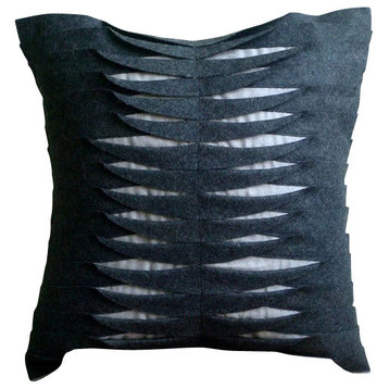 Textured Pintucks 14"x14" Felt Charcoal Gray Cushion Covers, Charcoal Waves