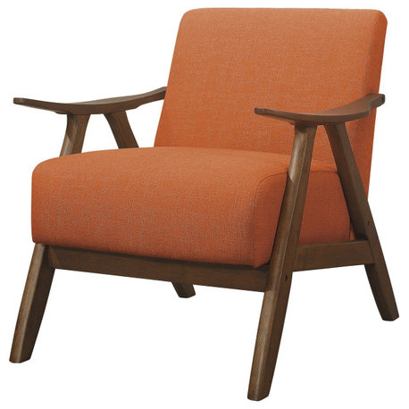 Retro Walnut Accent Chair with Curved Wooden Arms & Padded Fabric Seat, Orange