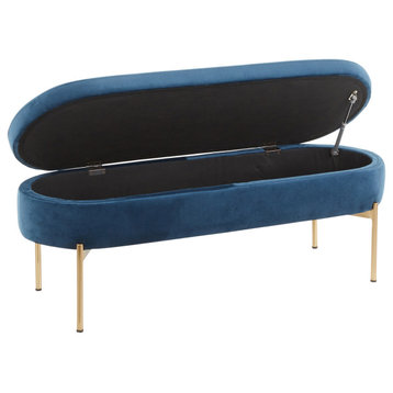 Chloe Contemporary/Glam Storage Bench, Gold Metal/Blue Velvet