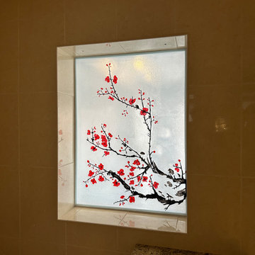 Sakura: Fused Glass Bathroom Window and Sliding Door