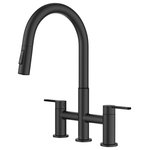 Kraus USA - KRAUS Oletto 2-Function Pulldown 3-Hole Bridge Kitchen Faucet, Matte Black - Striking a perfect balance between classic and modern style, the Oletto Bridge Faucet features a clean silhouette with a horizontal bar that connects hot and cold water handles to the faucet body. Designed for convenience, the 2-function pull-down sprayhead with Reach technology and swivel adapter provides an extended range of motion so you can flex and reach around the kitchen sink. The 2-handle design allows for precise control of water temperature with a high-arc spout that offers ample space for large cookware. Heavy-duty construction helps ensure long-lasting use, with premium components including snap-on counterweight and quick connect sprayer hose. This kitchen faucet comes with pre-attached water lines and hardware, and is available in multiple finishes including spot-free options.