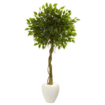 5.5' Ficus Artificial Tree, White Oval Planter UV Resistant, Indoor/Outdoor