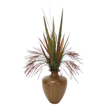Seeded Grass and Blade Grasses in Brown Vase