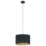 EGLO - Esteperra 1-Light 15" Pendant, Black, Black Exterior/Gold Interior Shade - The Esteperra single hanging pendant features a circular ceiling plate in a black finish, holding a drum shaped, black decorative fabric shade with gold lining. This stunning design will be a striking display for modern or contemporary decors. The pendant also features a gold design around the black exterior of the shade. The black hanging cord is fully adjustable for various hanging positions.