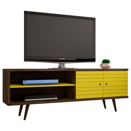 Manhattan Comfort Liberty 63" Mid-Century TV Stand 3 Shelves, Rustic Brown/Yellow