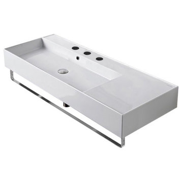 48" Ceramic Wall Mounted Sink With Counter Space and Towel Bar, 3-Hole
