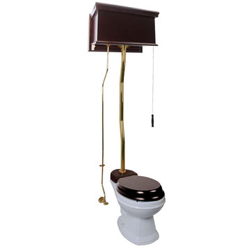 Dark Oak High Tank Pull Chain Toilet Elongated White China Bowl & Brass Z Pipe