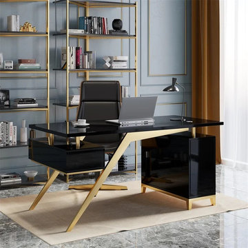 Hungled 55" Modern Black and Gold Office Wooden Writing Desk with Storage File C