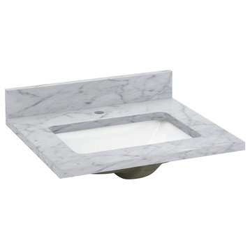 Carrara White Marble Top With Mounted Rectangular Ceramic Basin, 25"