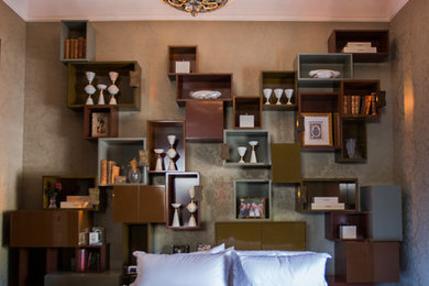 Inspiration for a contemporary dark wood floor bedroom remodel in New York with beige walls and no fireplace