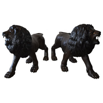 A Pair of Large Lions Walking Side by Side Bronze Statues Size: 24" x 60" x 41