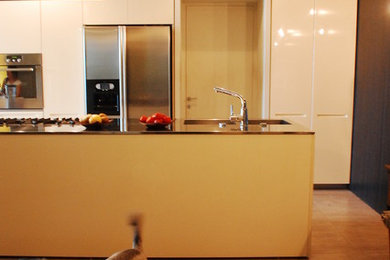 Eat-in kitchen - mid-sized contemporary galley porcelain tile eat-in kitchen idea in Other with an integrated sink, flat-panel cabinets, white cabinets, stainless steel countertops, stainless steel appliances and an island