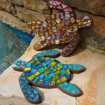 Mosaic Turtle Wall hanging logger head Sea art BLUE stained glass  mirrored cera