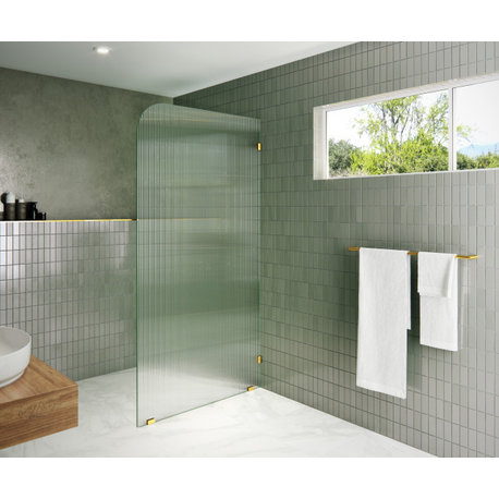 40"x78" Frameless Shower Door, Single Fixed Panel Fluted Radius, Satin Brass, 40" Right