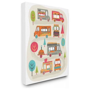 Mod Illustration Quirky Food Trucks And Trees Canvas, 30"x40"