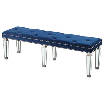 ACME Varian Tufted Upholstered Bench in Blue Velvet and Mirrored