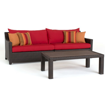 Deco 2 Piece Sunbrella Outdoor Patio Sofa and Deluxe Outdoor Coffee Table Set, Sunset Red