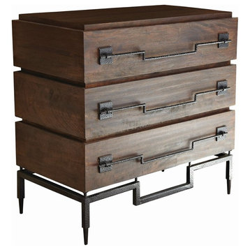 Solid Wood Dark Brown Wood Black Iron Accent Chest, Mid Century 3 Drawer Table