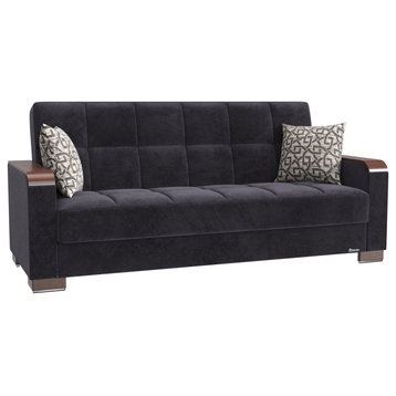 Modern Sleeper Sofa, Wood Accented Arms, Black Microfiber