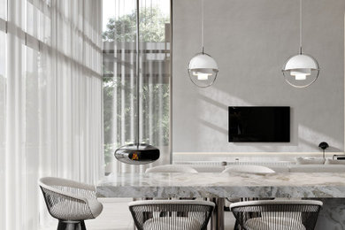 Diseño de comedor actual grande abierto con paredes blancas, suelo de mármol y suelo beige