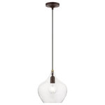 Livex Lighting - Aldrich 1 Light Bronze With Antique Brass Accent Pendant - This single light Aldrich pendant suspends simply, and it's great solo over focus points or set in pairs or trios over long counter tops and islands. It is shown in a bronze finish with antique brass finish accent and clear glass.