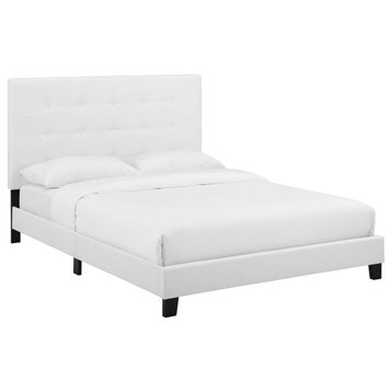 Melanie Queen Tufted Button Upholstered Fabric Platform Bed, White
